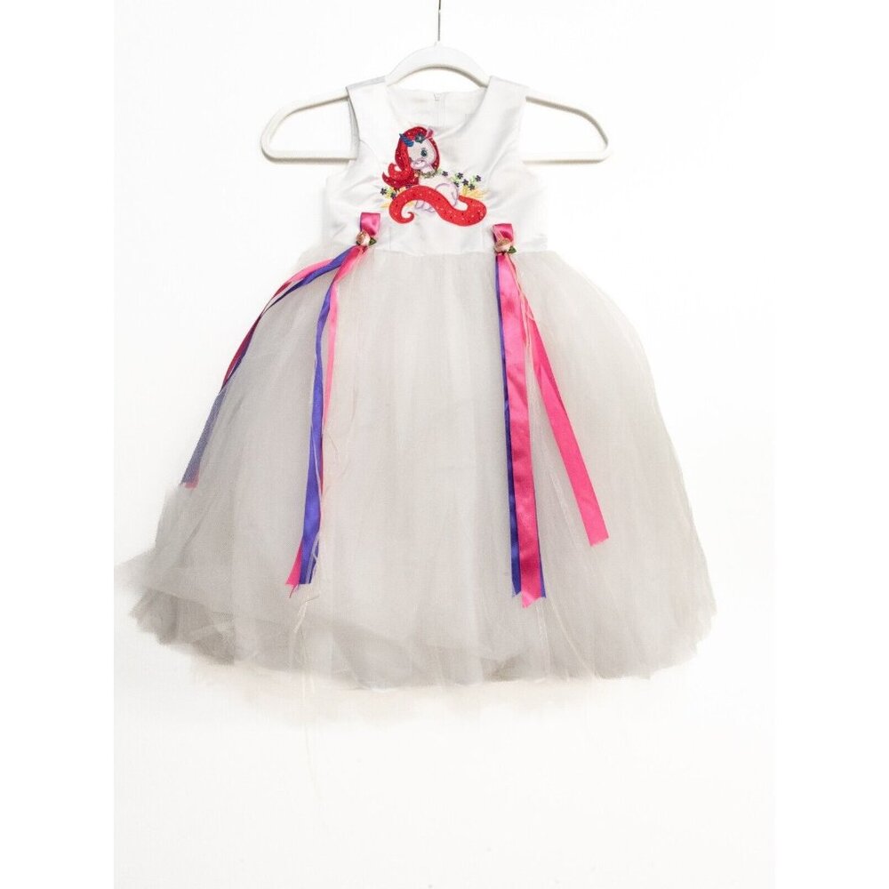 Sweet Kids Girls White Polyester Tutu Dress Floral Unicorn Princess Graphic 4
